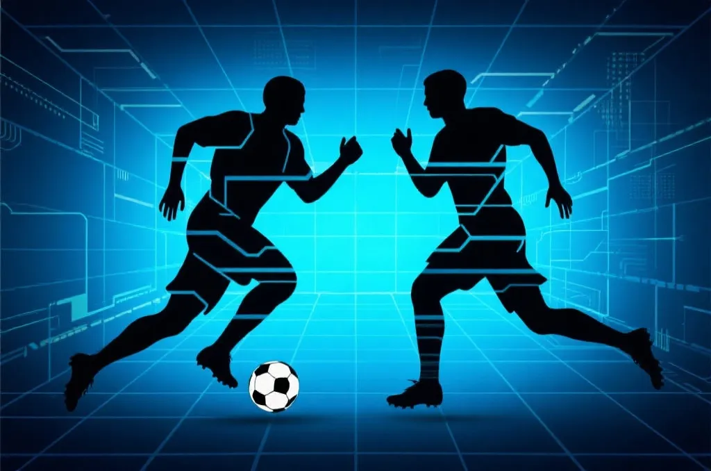 two stylized abstract football players in motion silhouette facing each other on a digital tactical grid