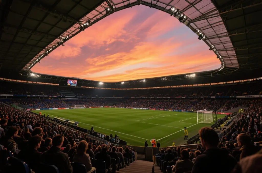 A wide-angle editorial shot of a modern, majestic soccer stadium under a dramatic sunset sky, generic spectators filling the stands